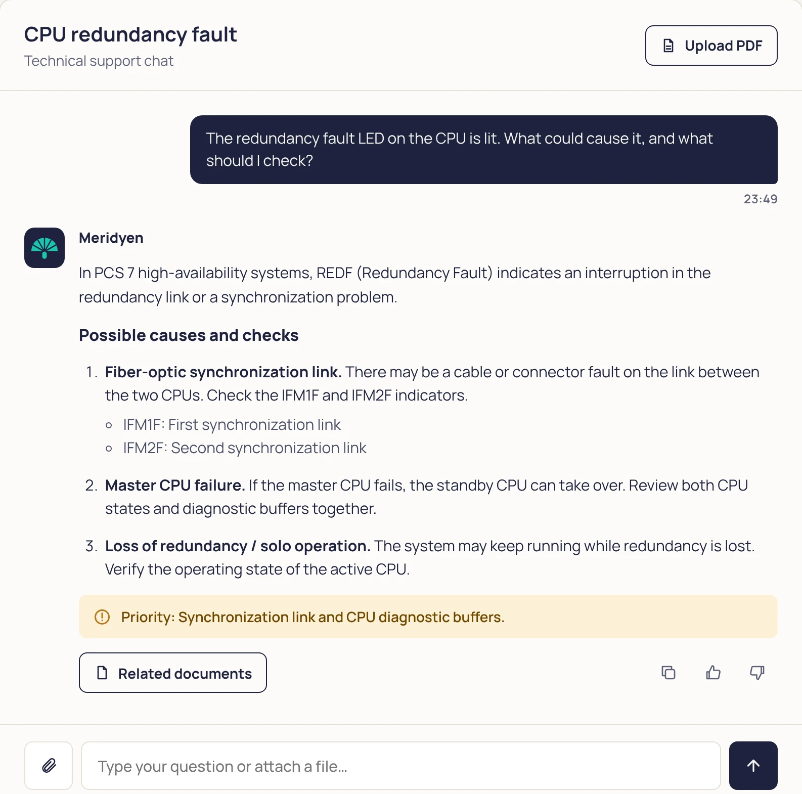Meridyen Chatbot screen: CPU redundancy fault question and checks